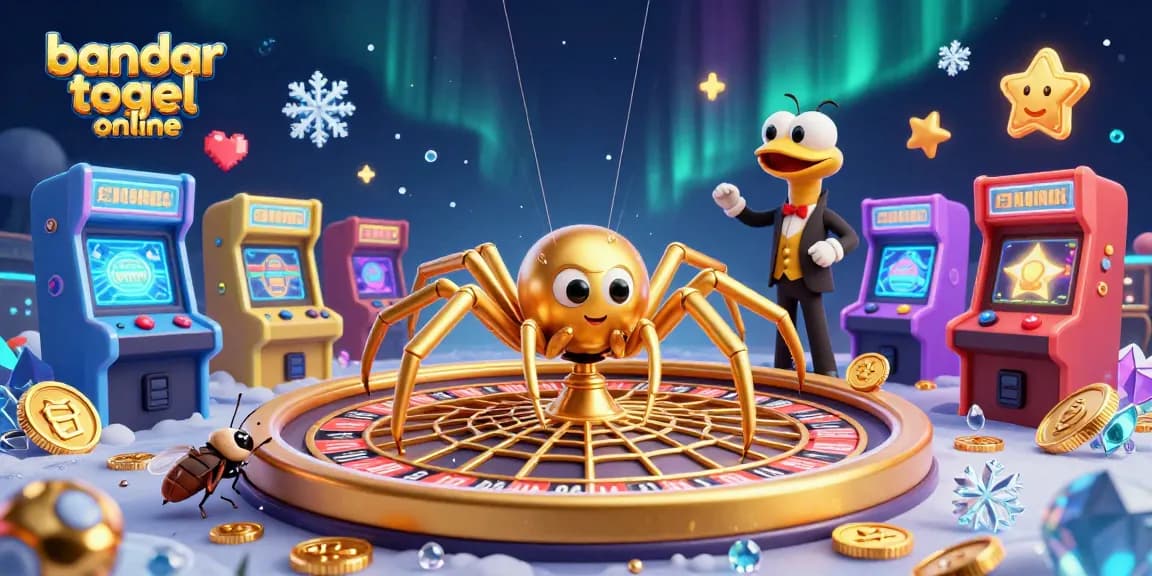 Engage in bandar togel online with a golden spider spinning the roulette web and vibrant gaming elements.