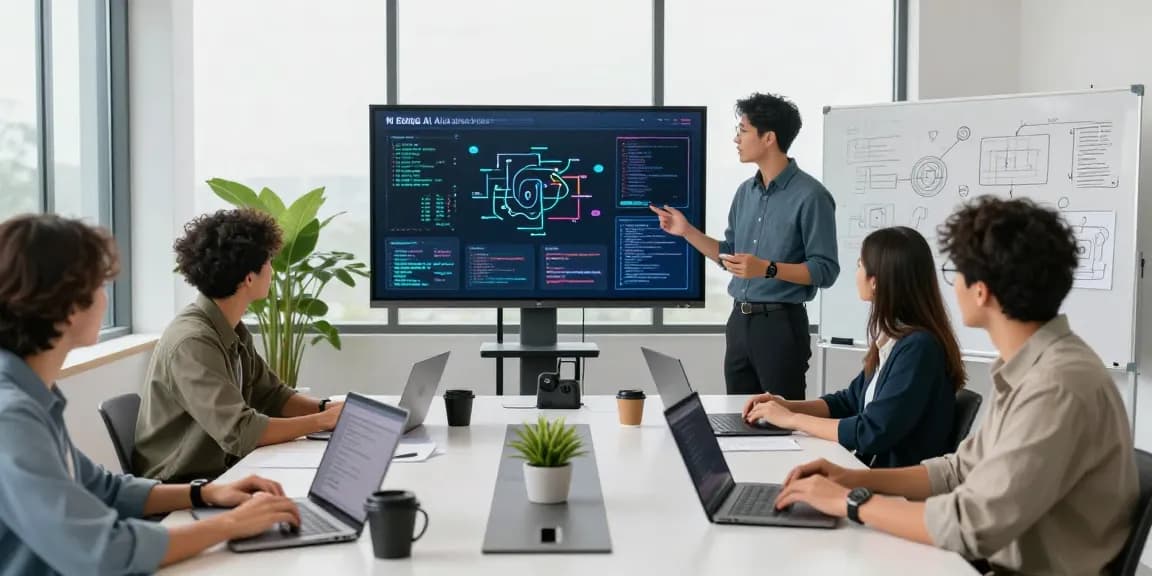 AI startups 2026 team collaborating in a modern tech workspace with data visualizations.