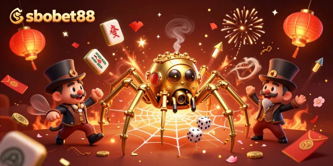 Experience sbobet88's thrilling luck with a steampunk spider ensnaring dice amid vibrant casino elements.