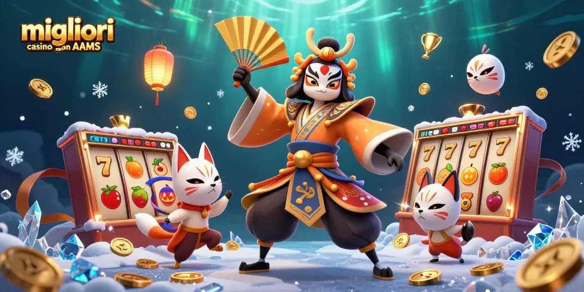 Scena dei migliori casino non AAMS con guerriero craneo kabuki ed elementi dinamici del casinò