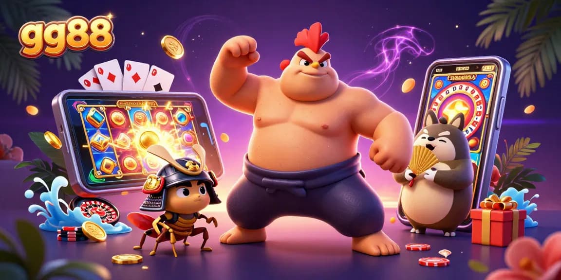 Experience thrilling gameplay and enjoy exciting slots at gg88 with colorful slot reels, poker chips, and vibrant characters.
