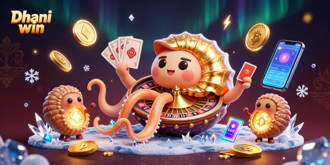 Engage with Dhani win's vibrant gaming world featuring a nautilus roulette and glowing ammonites.