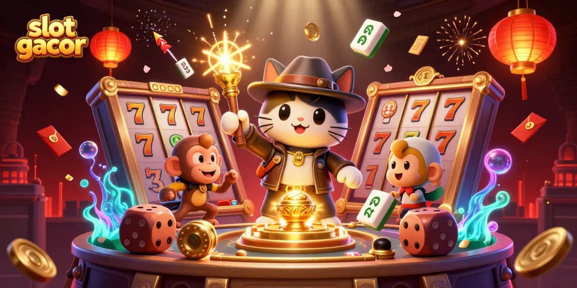 Win big with slot gacor: an explorer cat finds treasures in a colorful casino temple.