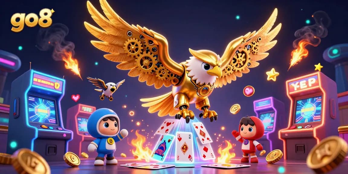 Engage with go8's thrilling casino games as the golden eagle dives through holographic playing cards.