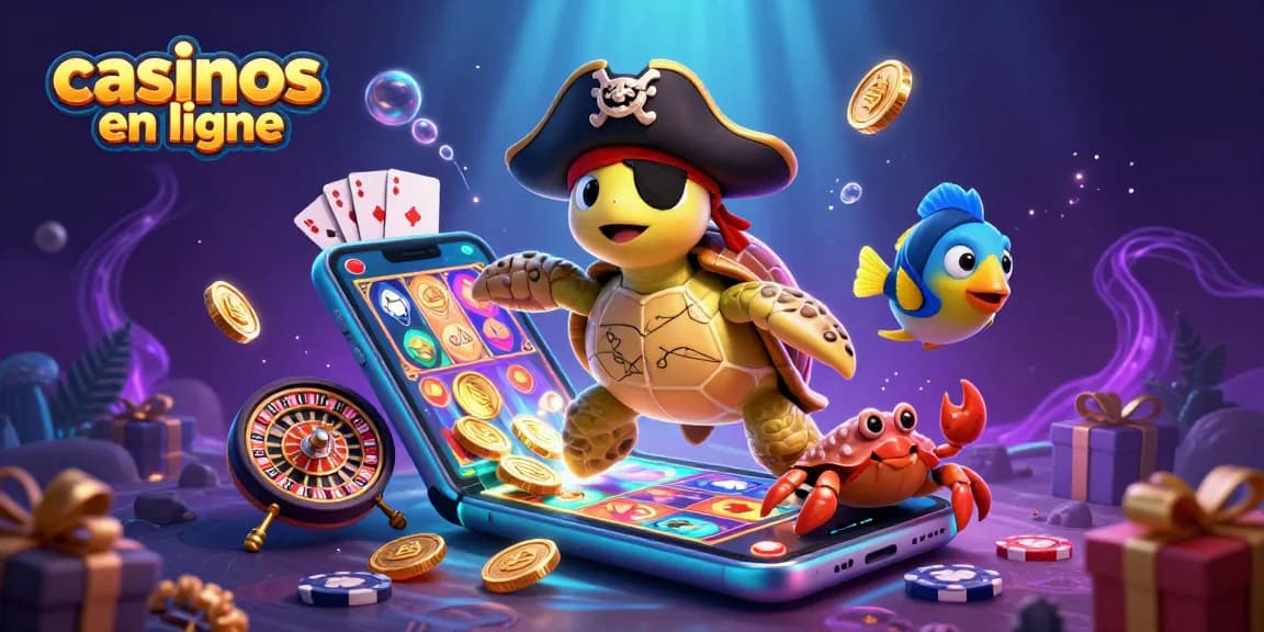 Découvrez des jeux captivants dans les casinos en ligne avec cette scène dynamique de tortue pirate 3D.