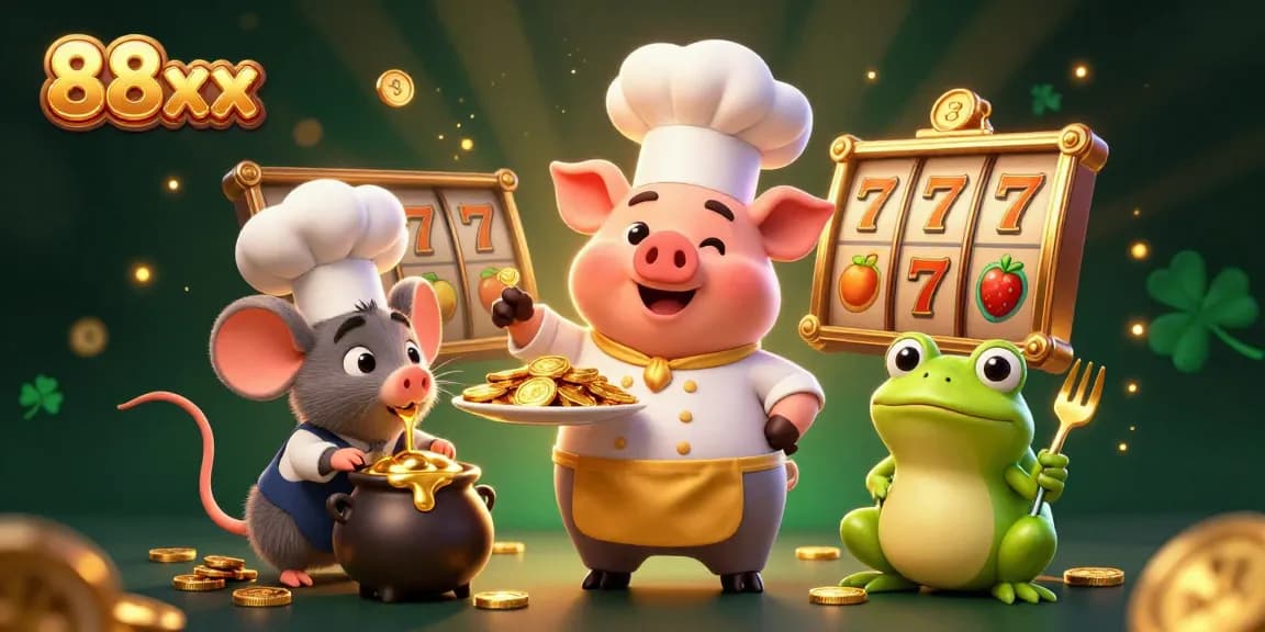 Win big with the entertaining scene of 88xx featuring gold coins, cheerful characters, and exciting slot elements.