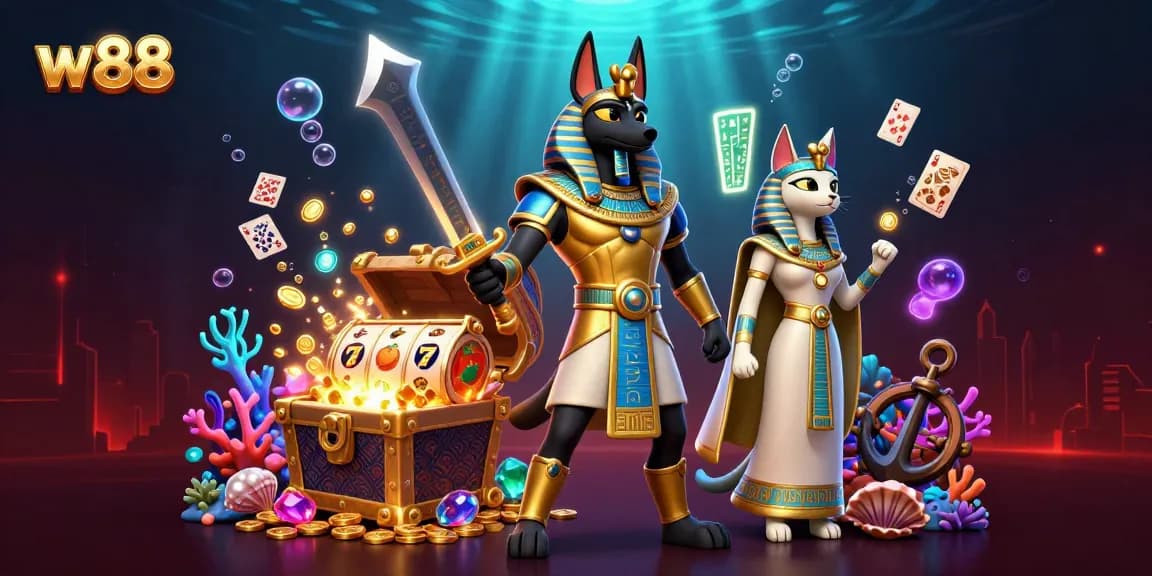 Bạn sẽ cảm nhận sự hấp dẫn khi tham gia cá cược tại w88 qua hình ảnh Anubis và Bastet giữa thế giới lấp lánh.