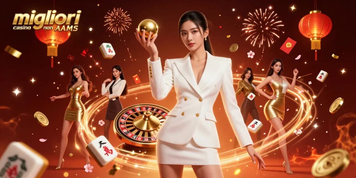 Vetrina dei migliori casino non AAMS con una donna asiatica sicura di sé che tiene una pallina della roulette in un ambiente di casino lussuoso.