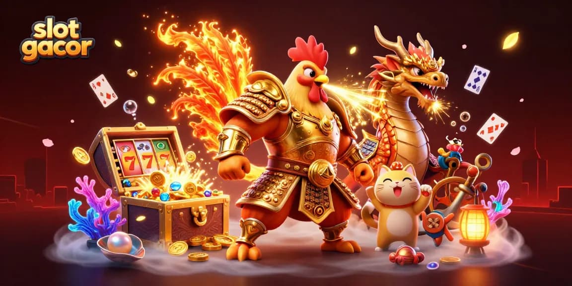 Experience the thrill of slot gacor gaming with a vibrant and dynamic 3D illustration including lucky symbols and treasures.