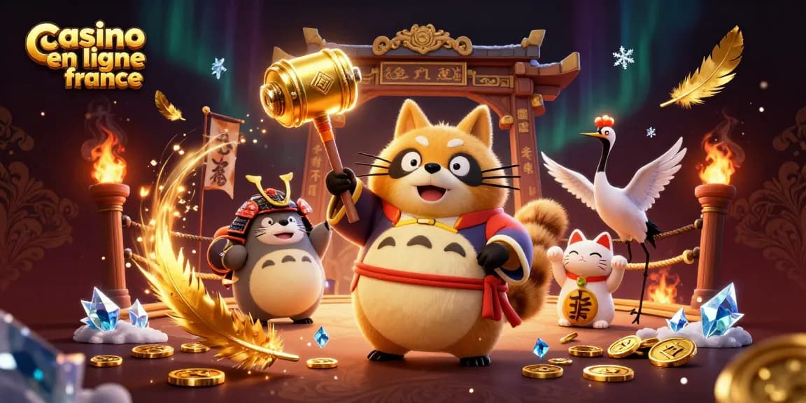 Découvrez un univers animé de casino en ligne France avec un tanuki chanceux et des maneki-neko.