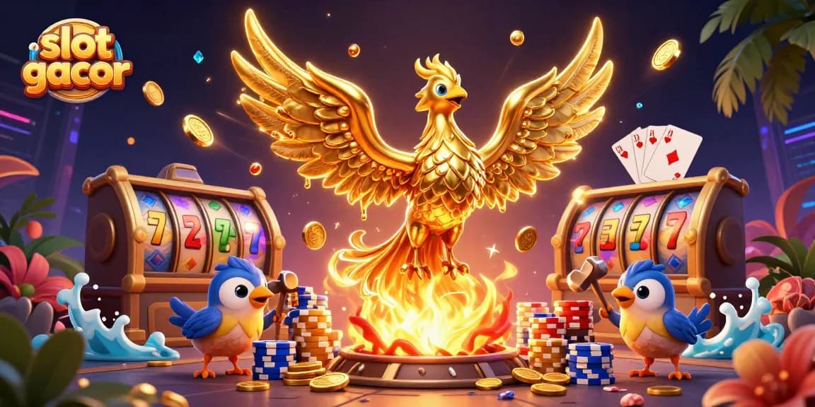 Experience thrilling wins with slot gacor, featuring a molten phoenix and dazzling casino elements.