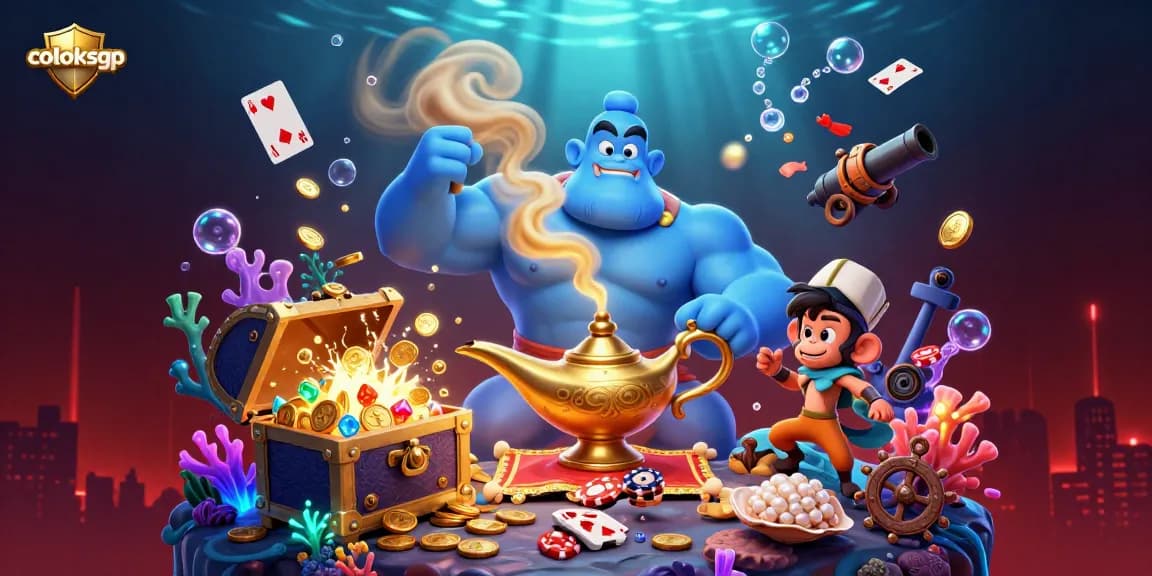 Engage with coloksgp's 3D casino scene featuring a genie, monkey, and poker chips amidst dazzling treasure.