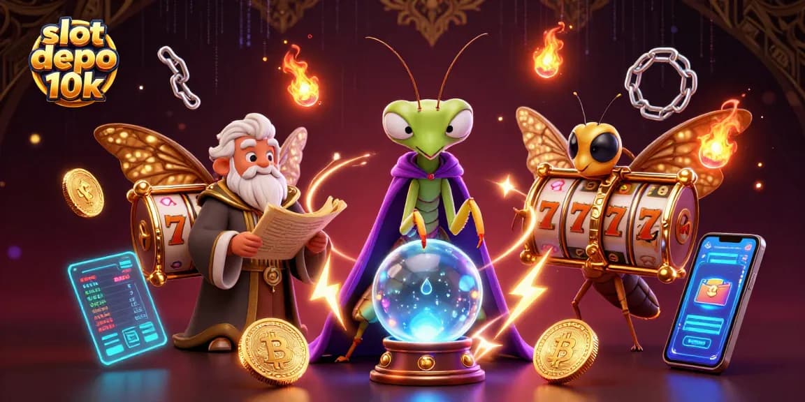 Experience the thrill of slot depo 10k with a vibrant 3D illustration showcasing energetic characters and casino elements.