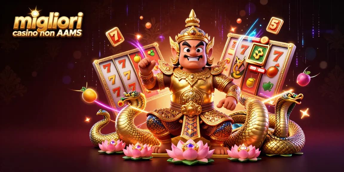 Scopri i migliori casino non AAMS con un'illustrazione 3D vibrante che mostra un guardiano e rulli di slot.