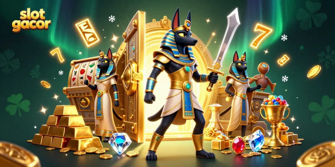 Experience the thrill of slot gacor with a captivating 3D ancient Egyptian scene filled with treasures and vibrant gaming elements.
