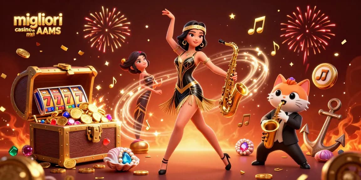 Scopri l'emozione dei migliori casino non AAMS con un'illustrazione vivace in 3D di una ballerina flapper e un gatto saxofonista.