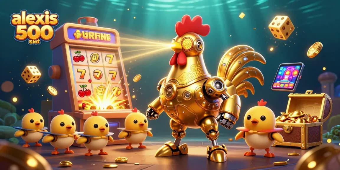 Engage with the alexis 500 slot in this vibrant 3D illustration showcasing a golden rooster robot and dazzling jackpots.