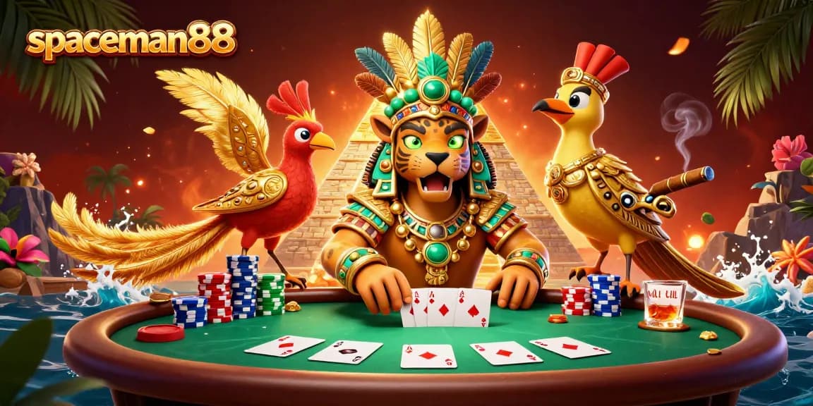 spaceman88 features a Mayan priest character amidst poker elements and vibrant casino scene