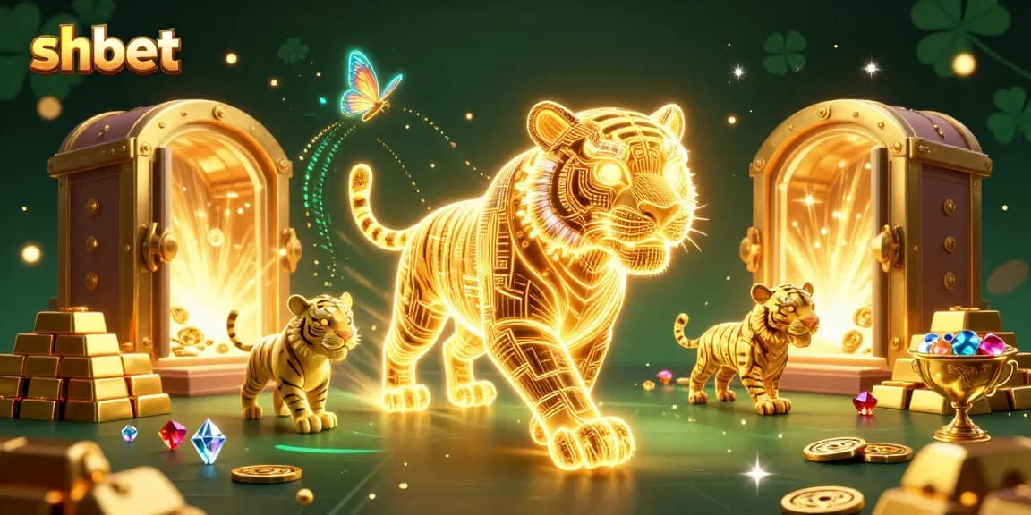 Bet on shbet with vibrant golden tiger and luxurious casino treasures in action.