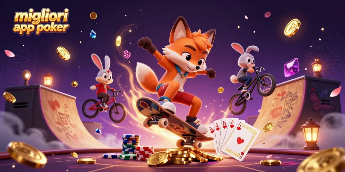 I migliori app poker in un'illustrazione 3D ricca di dettagli, con una volpe vulcanica su un tavolo da poker, mentre scintillanti gettoni volano.