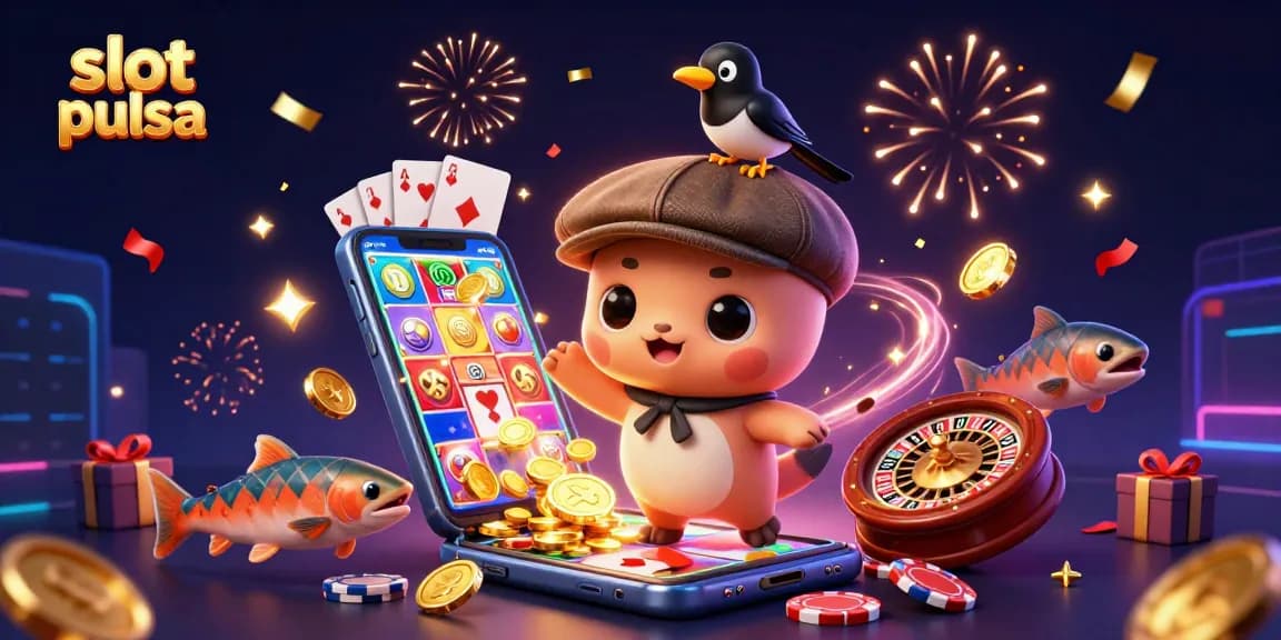 Menangkan slot pulsa dengan karakter lucu dan elemen permainan kasino menarik dalam ilustrasi 3D.