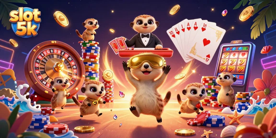 Engage with slot 5k action as playful meerkats operate a vibrant casino scene.