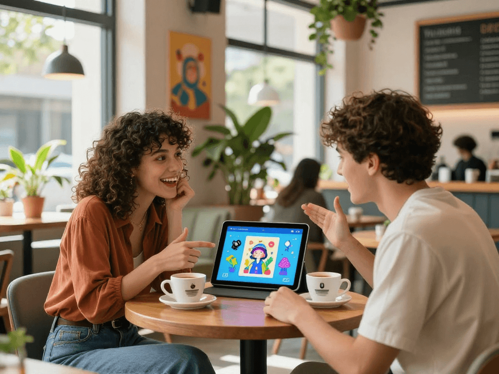 Engaged couple discussing their AI gf experience in a cozy café setting.