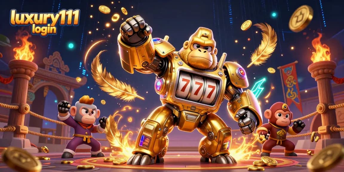 Experience thrilling gaming with luxury111 login, featuring a dynamic golden mech and exciting casino elements.