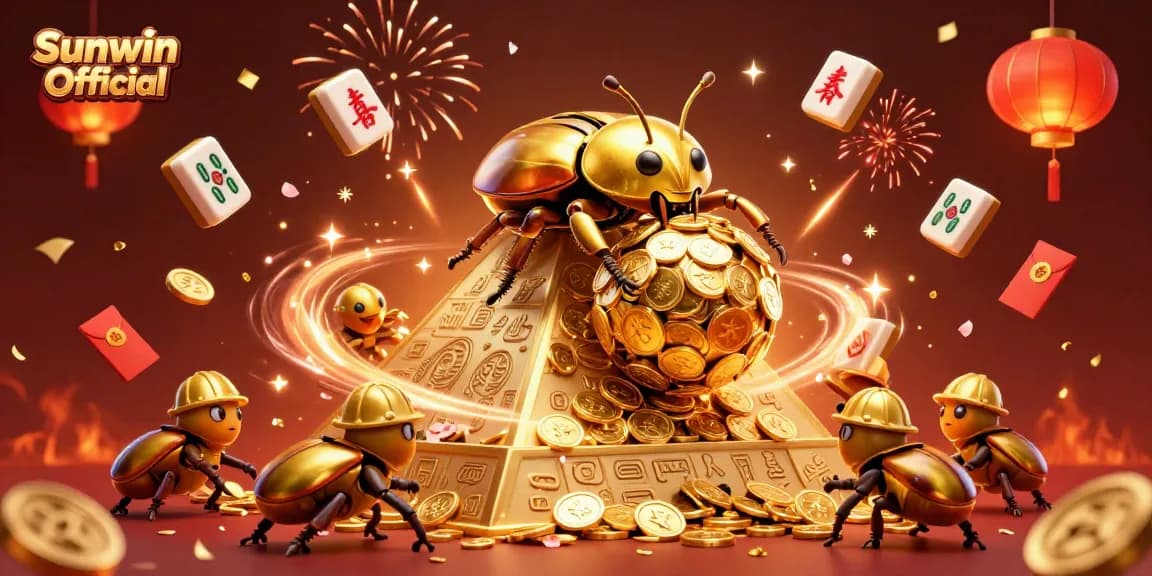 Experience the excitement of Sunwin Official with a golden dung beetle rolling coins in a festive casino scene.