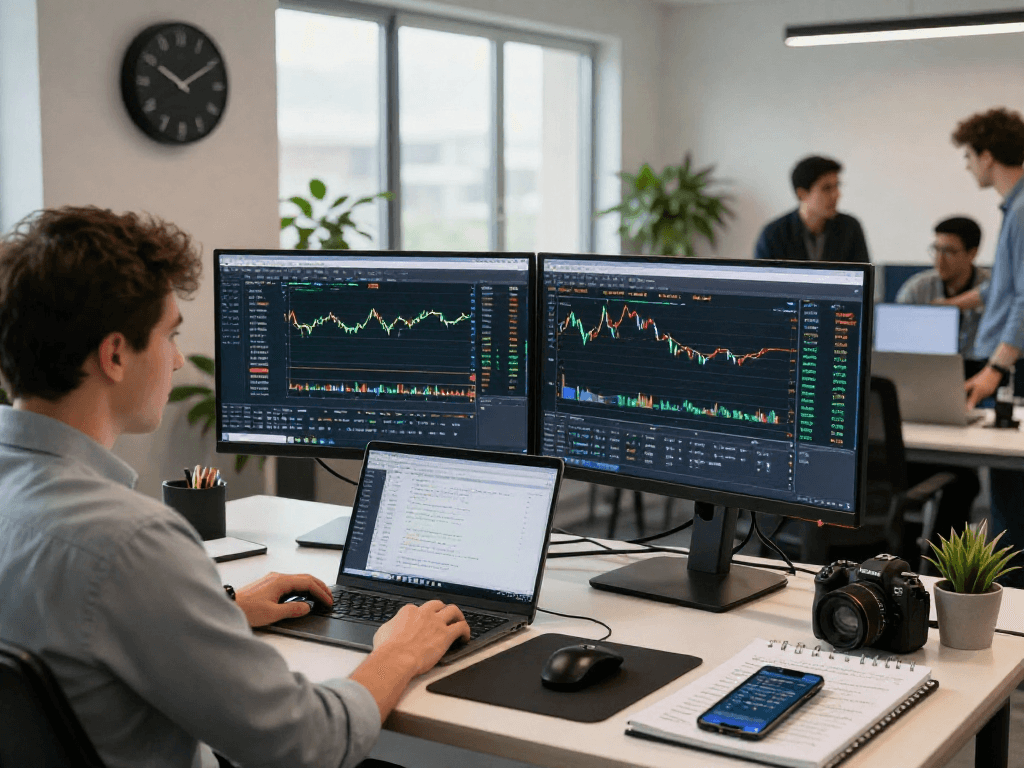 Focused trader utilizing metatrader 5 on dual monitors in a modern workspace