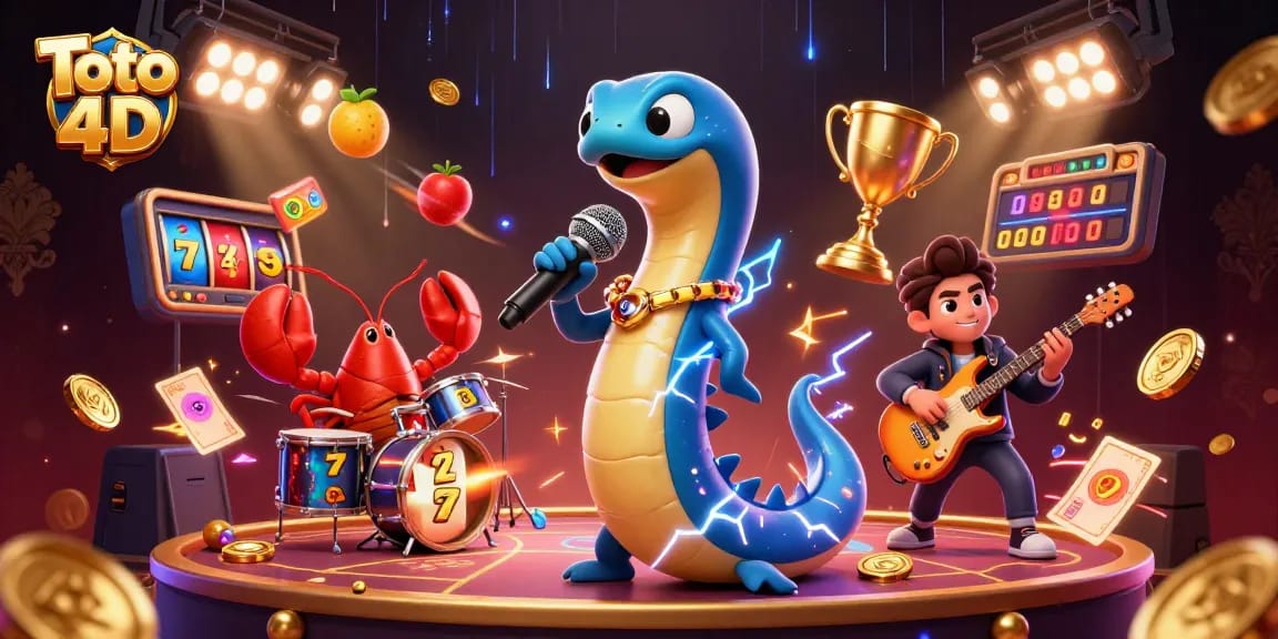 Experience thrilling Toto 4D gameplay with this vibrant electric eel DJ and band in a dynamic underwater casino.