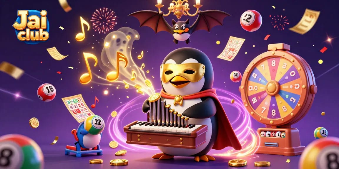 Experience the thrill of Jai club as the phantom penguin plays and coins rain down in this vibrant 3D scene.