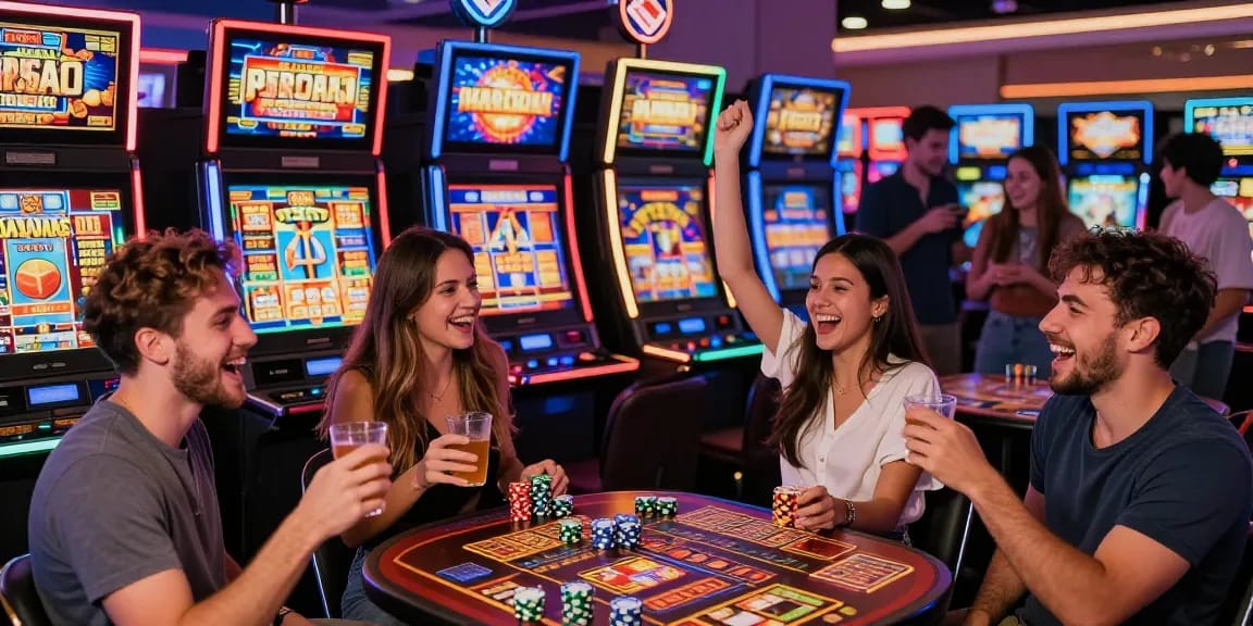 Slot mesin yang meriah dengan sekelompok teman merayakan kemenangan di kasino.