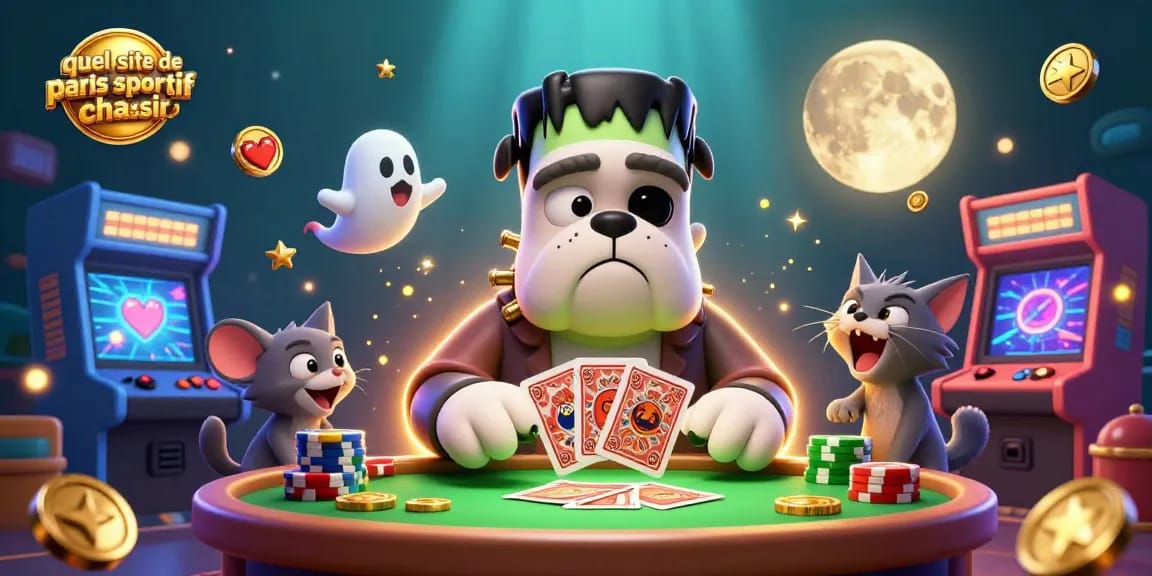 Focus sur quel site de paris sportif choisir pour des gains avec un bulldog Frankenstein jouant aux cartes.