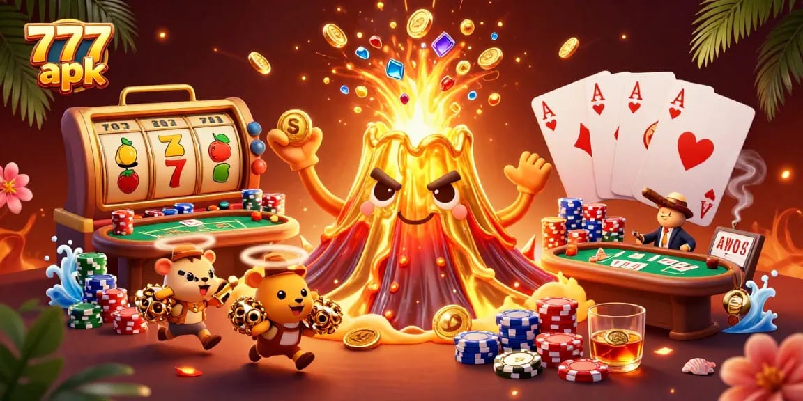 Spin the reels of 777 apk for treasure while dodging a golden volcanic eruption!