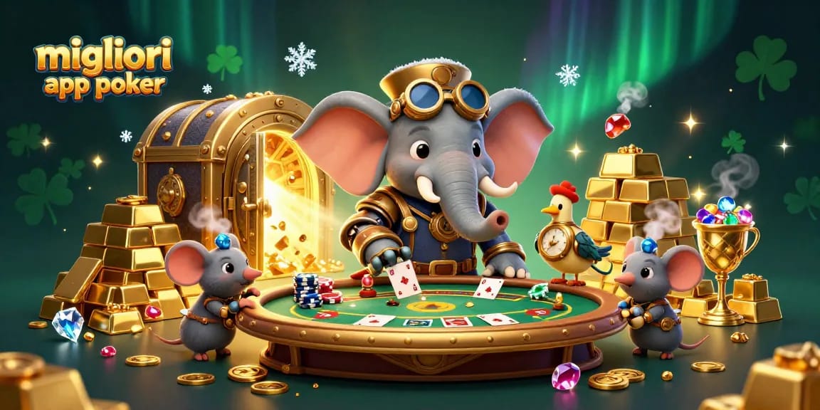 Scopri le migliori app poker mentre un elefante steampunk gioca alle carte e gestisce le fiches.