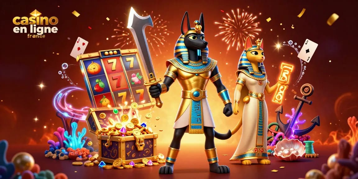 Illustration de l'univers du casino en ligne France avec Anubis et trésors