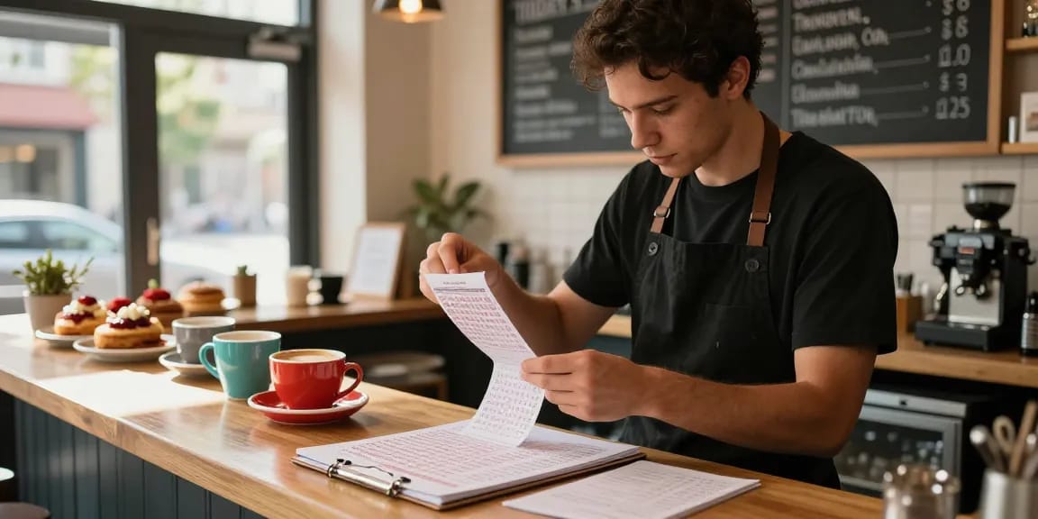 Barista menganalisis nomor rezeki dari struk pembelian sambil dikelilingi kopi dan kue, suasana hangat dan inspiratif.