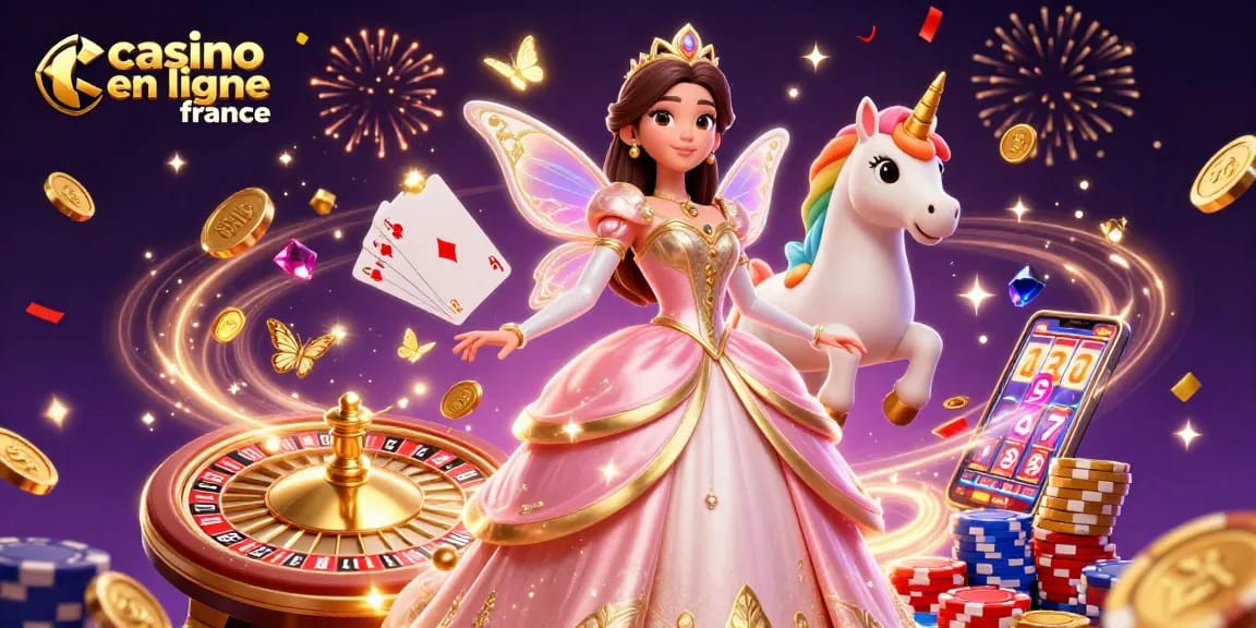 Découvrez l'excitation du casino en ligne France avec une illustration 3D vibrante mettant en vedette des personnages de jeu et des éléments.