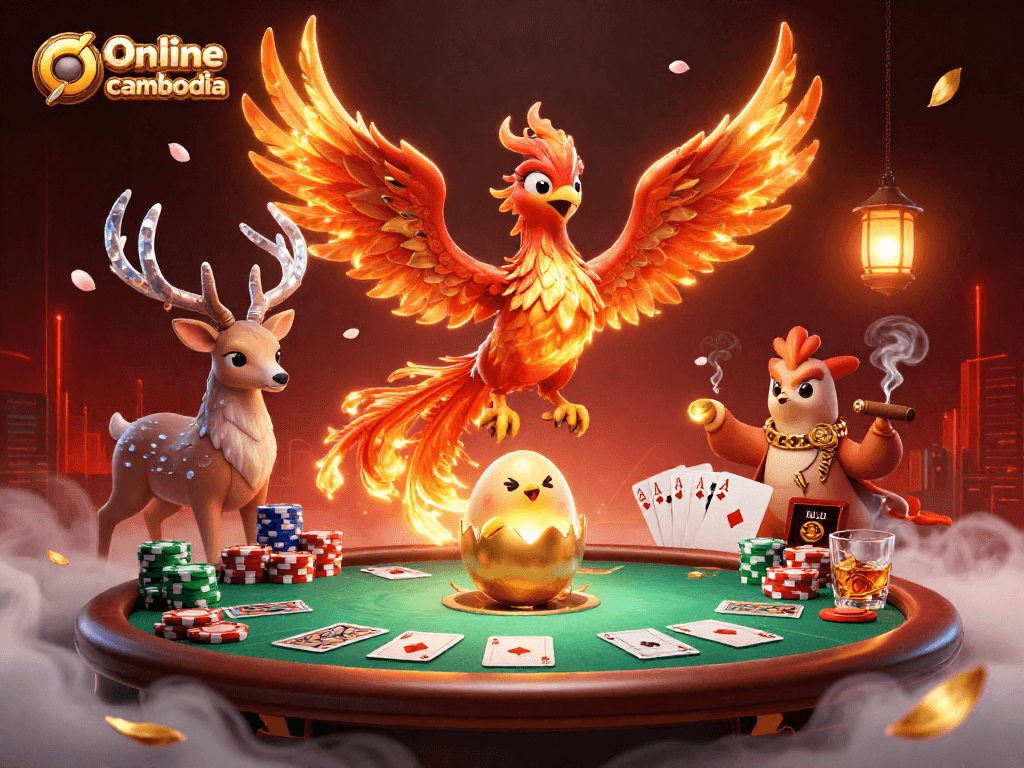 Online casino cambodia showcases a fiery phoenix and gaming elements in an exhilarating atmosphere.
