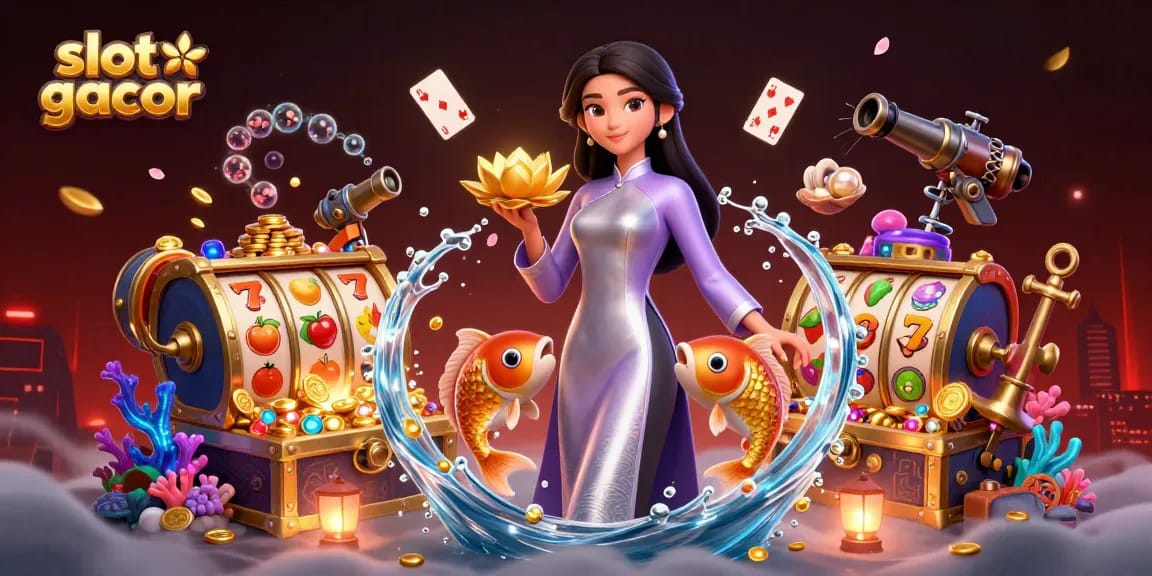 Spin the reels at slot gacor with a glamorous illustration of winning symbols and golden treasures.