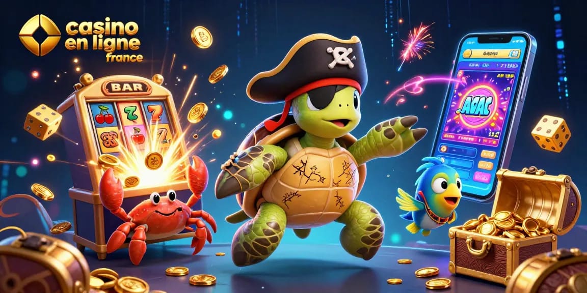 Jouez sur le casino en ligne France avec une tortue pirate et un crabe au-dessus de trésors.