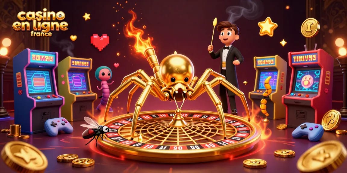 Jouez au casino en ligne France avec une illustration dynamique d'une araignée dorée et un croupier centipède.