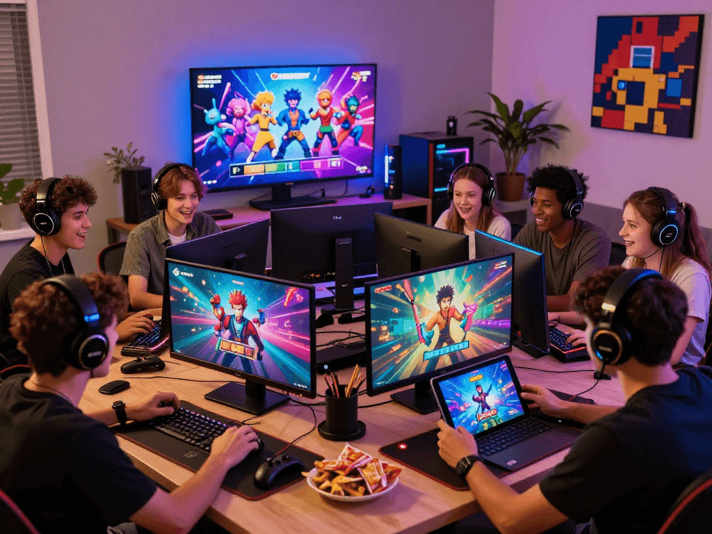 Diverse players enjoying porngames on multiple devices in a vibrant gaming environment.