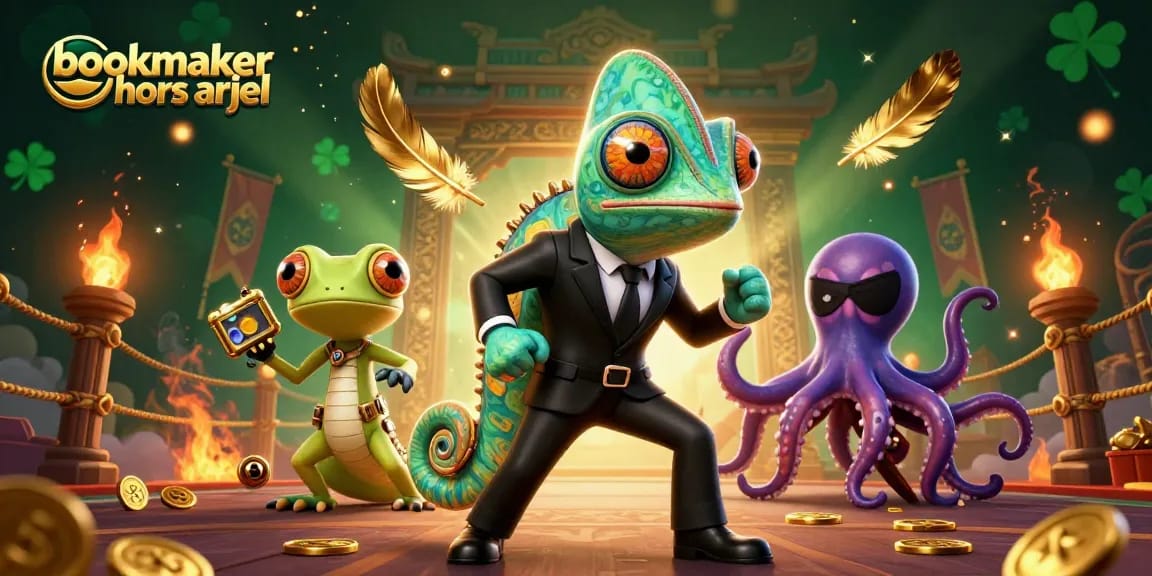 Pariez sur bookmaker hors arjel avec des personnages colorés et un décor aux éléments de casino dynamique.