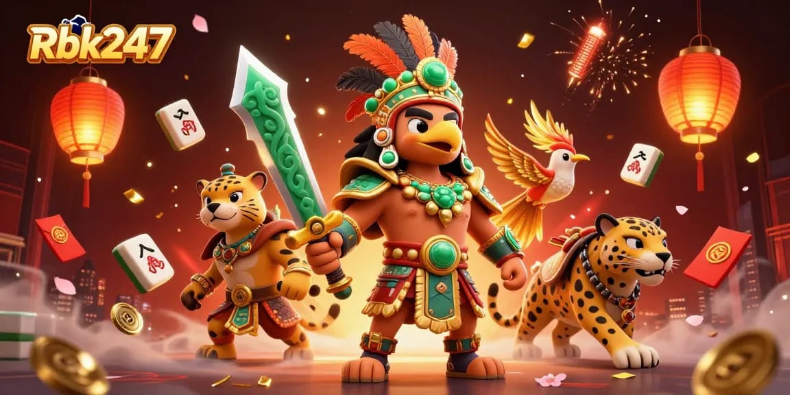 Engage with Rbk247's high-energy gaming experience through a vibrant casino scene with 3D characters.