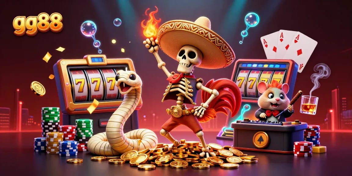gg88 illustrates a vibrant casino scene with a skeleton mariachi and a mummy snake celebrating around slot reels.