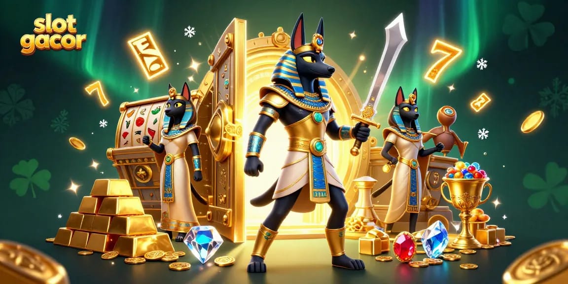 Experience the thrill of slot gacor with a captivating 3D ancient Egyptian scene filled with treasures and vibrant gaming elements.