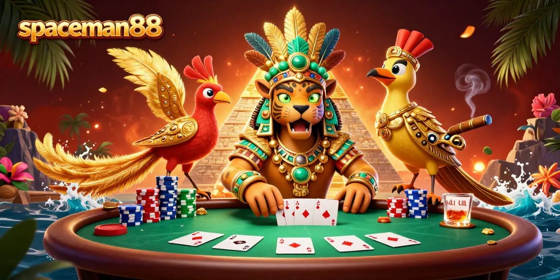 spaceman88 features a Mayan priest character amidst poker elements and vibrant casino scene