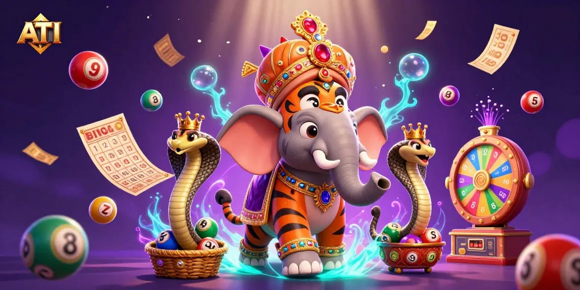 Experience exciting lottery wins with ATI featuring a tiger and elephant amidst colorful lottery elements.
